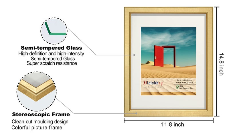 VIOLABBEY 11x14 Picture Frame Gold Set of 4, Photo frame for 8x10 Pictures with Mat or 11x14 without Mat, HD Real Glass, Vertical or Horizontal for Wall and Tabletop Display - Image 4